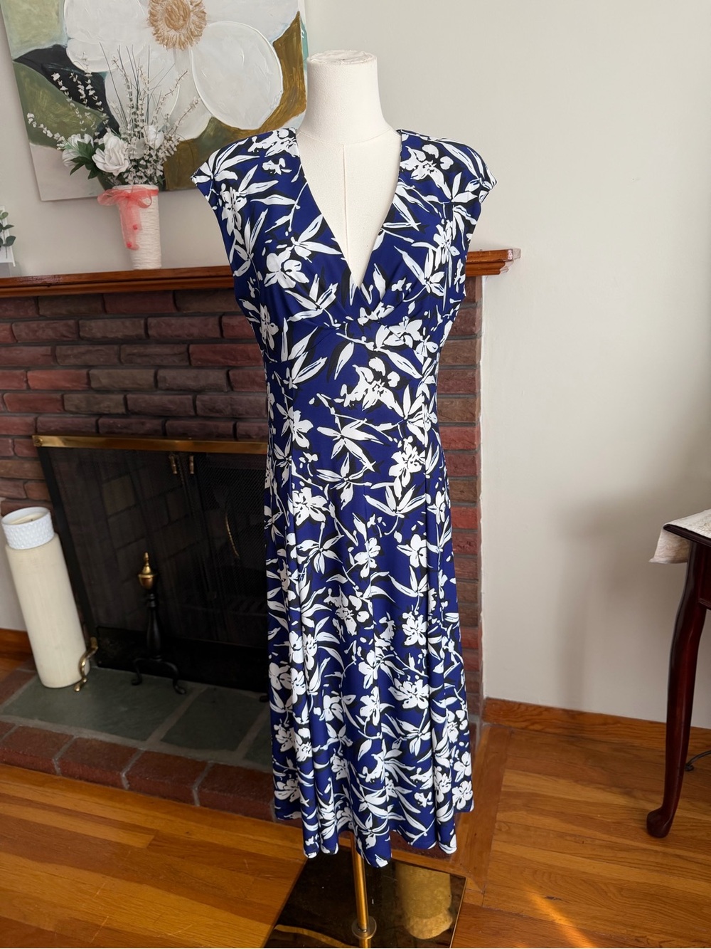 Chaps Navy and White Floral Midi Dress